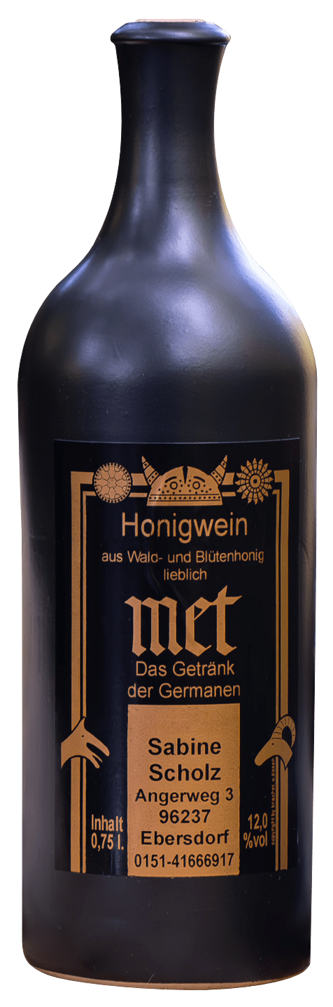 Eine schwarze Tonflasche mit Honigwein aus Wald- und Blütenhonig. lieblich. Met. Das Getränk der Germanen von Imkerei Sabine Scholz aus Ebersdorf bei Coburg.