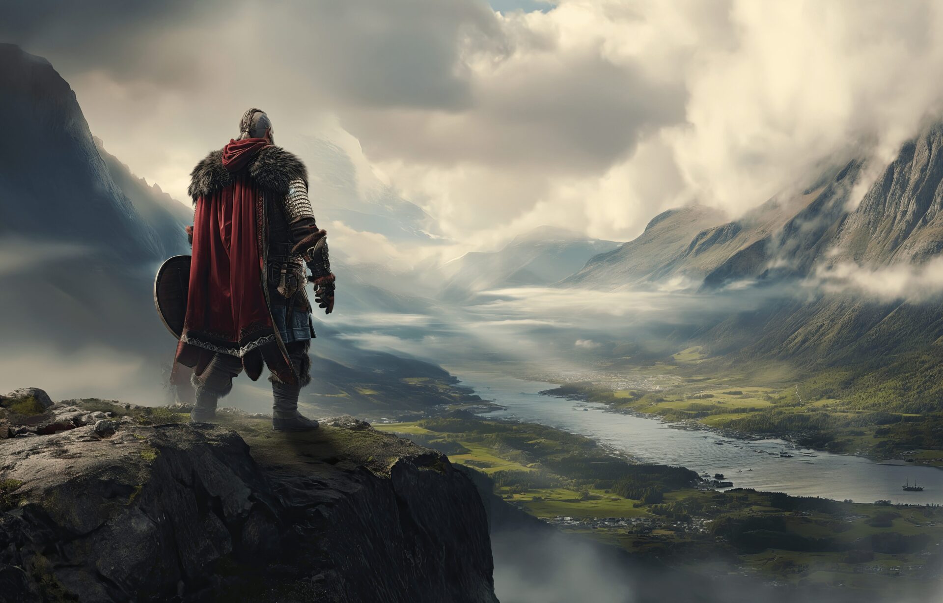 Ein Wikinger schaut in den nordischen Fjord und träumt von Met-Honig-Wein. Dieses Bild wurde mithilfe von künstlicher Intelligenz generiert und dient der visuellen Unterstützung der Website-Inhalte.